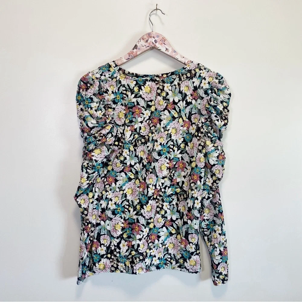 LOFT Floral Shirred Puff Sleeve Shirt! V-Neck Long Sleeve Size Small S